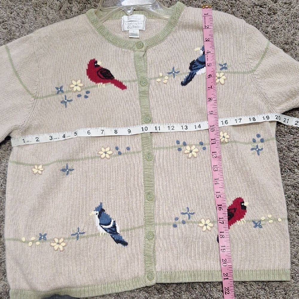 Christopher & Banks Embroidered Winter Bird Cardigan - Tan Sage Green Trim-L - Picture 6 of 6